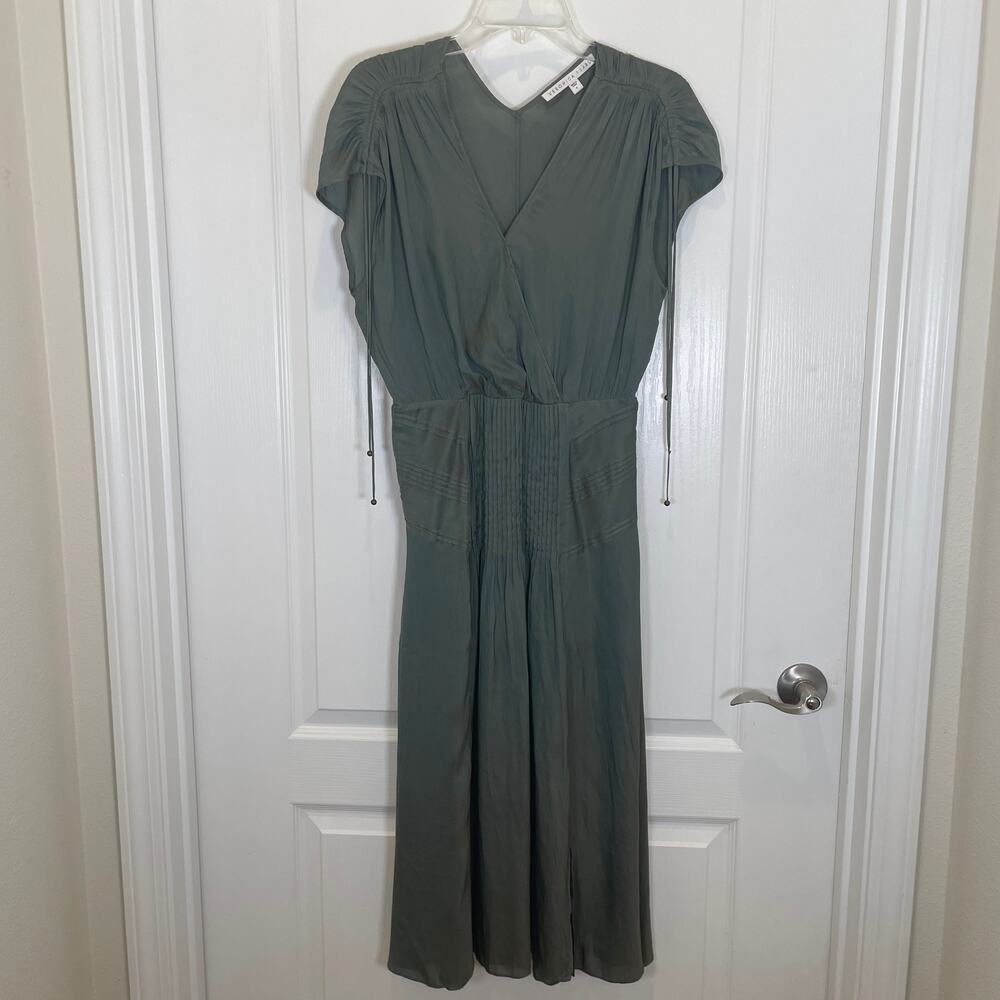 Veronica Beard Satin Midi Wrap Dress Sage Green Tie Sleeve Romantic Fairy 4